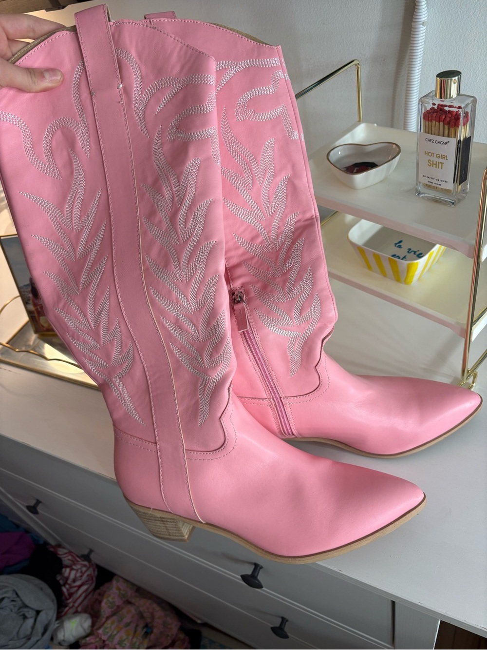 Pink Embroidered Western Knee-High Boots